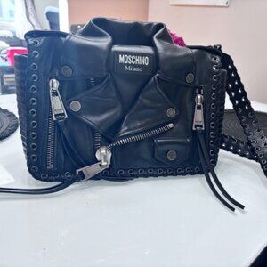 Moschino Black Leather Biker Jacket Crossbody Bag